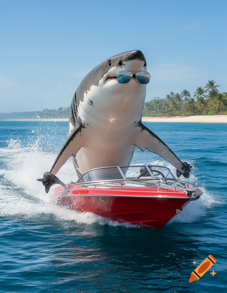 A photorealistic great white shark wearing sunglasses leaps out of the water, steering a red speed boat past a tropical beach.