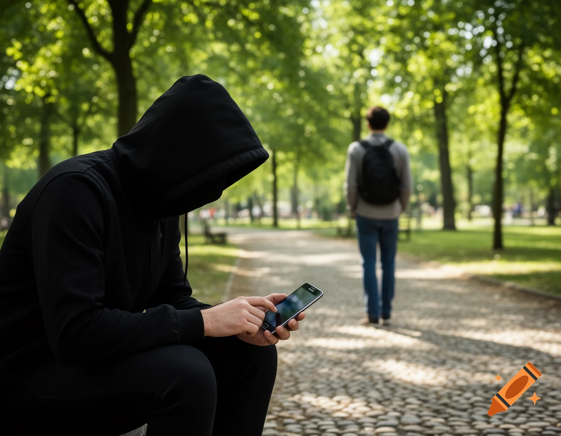 A person in a black hoodie sits and looks at a phone while another person walks away on a stone path in a sunny park.
