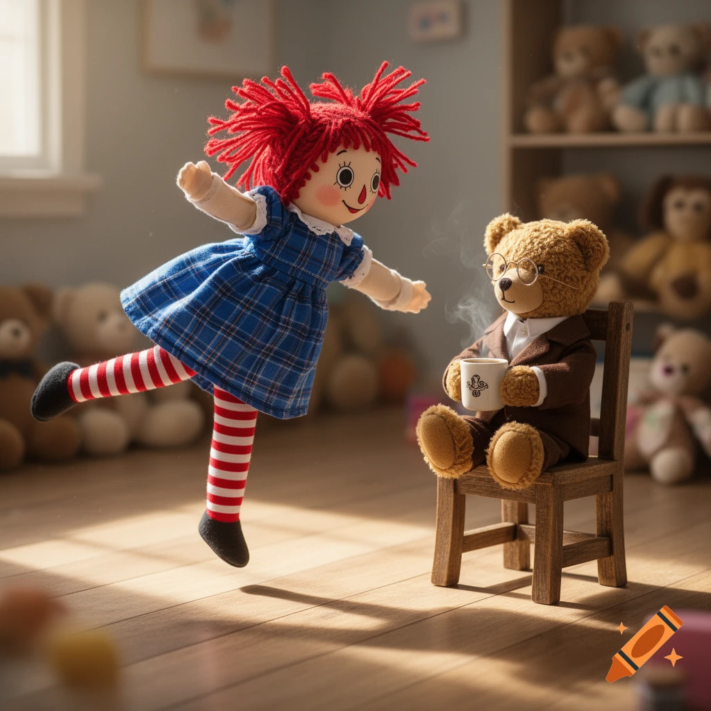 A Raggedy Ann doll in a blue dress and striped socks appears to float mid-cartwheel next to a teddy bear in a suit, sitting on a chair with a coffee mug.