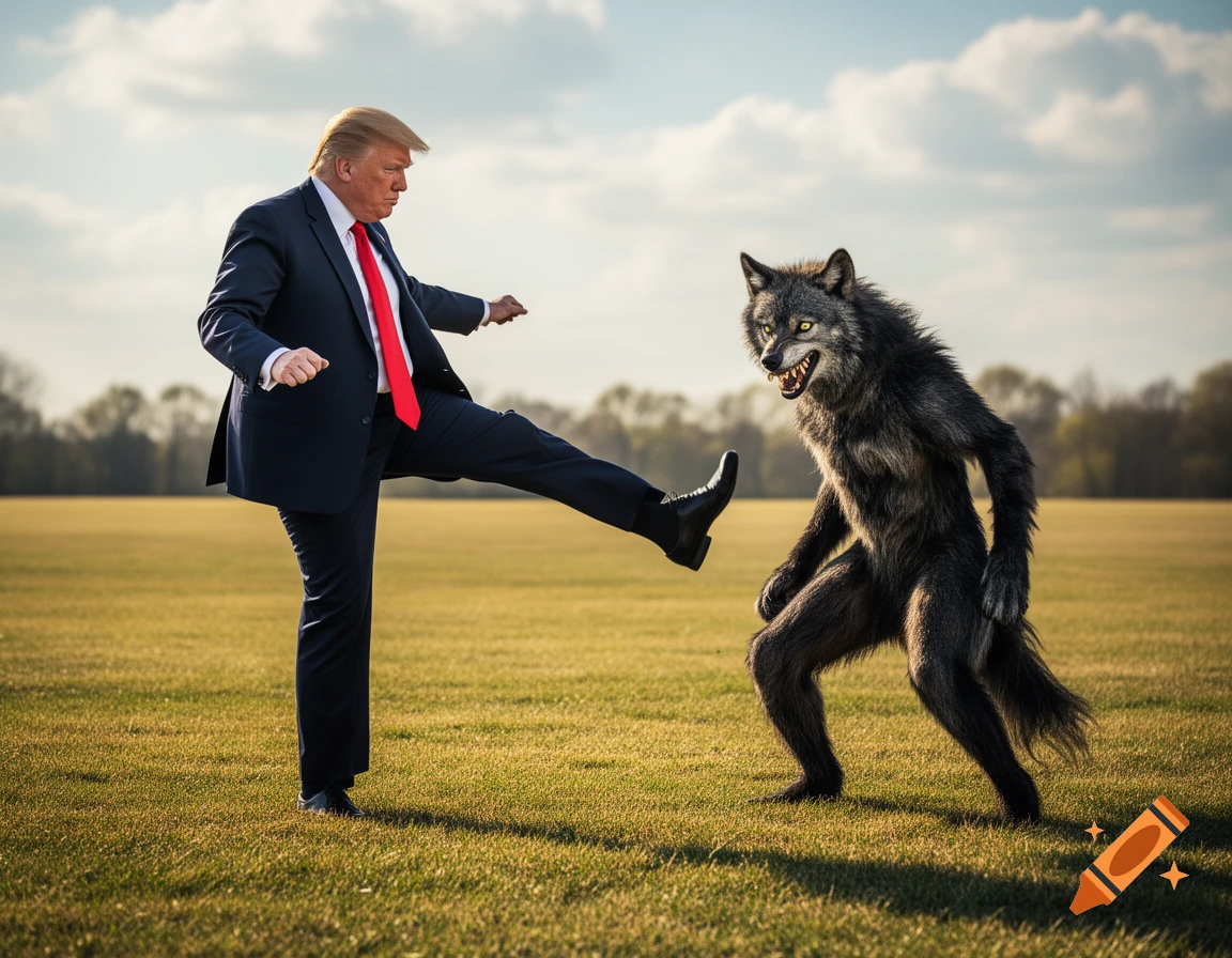 Donald Trump in a suit kicks a snarling bipedal wolf-like creature on a grassy field under a cloudy sky.
