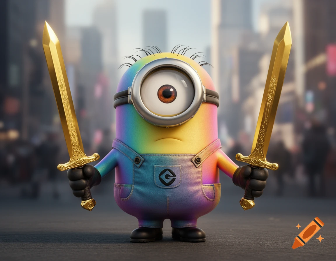 A rainbow-colored Minion in overalls holds two golden swords in a blurry city street.
