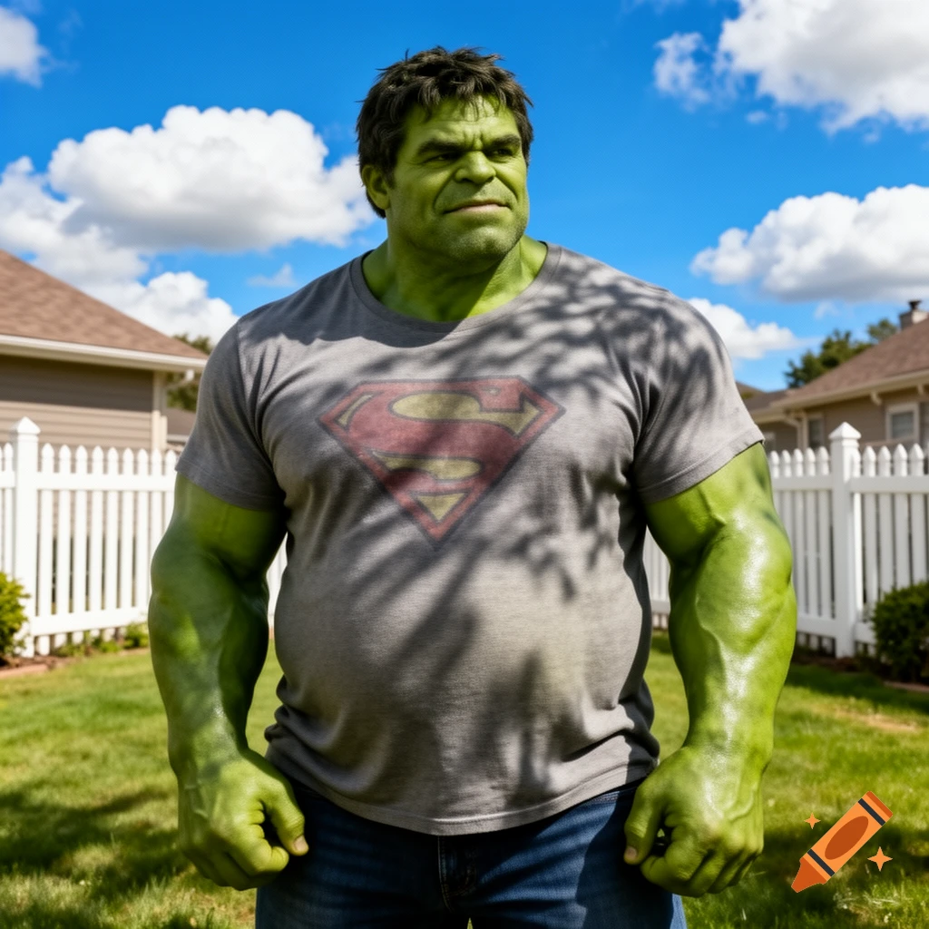 Photorealistic image of Hulk with a dad-bod, wearing a gray t-shirt with a Superman logo and jeans, standing in a sunny backyard.