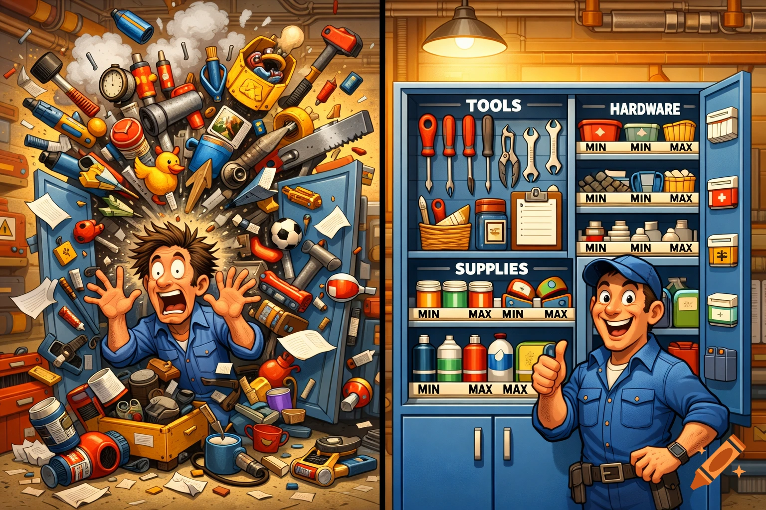 A split cartoon scene with a chaotic, overflowing tool cabinet on the left and a neatly organized cabinet with a smiling worker on the right.