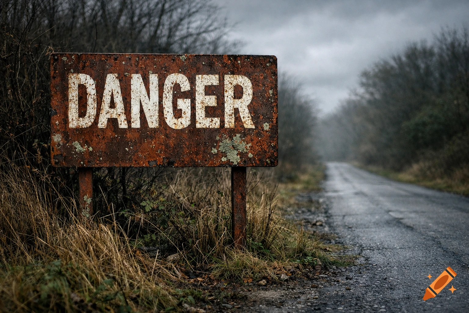 Rusty 'DANGER' sign on a post beside a desolate, foggy road, with bare trees in the background, photorealistic.