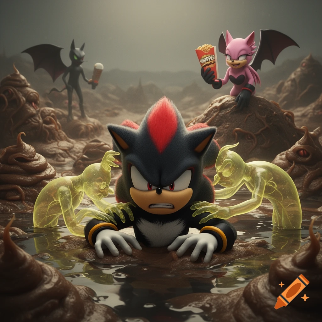 Shadow the Hedgehog is stuck in a brown, muddy landscape, held by glowing yellow figures, while Rouge the Bat sits on a mound holding a Whopper.