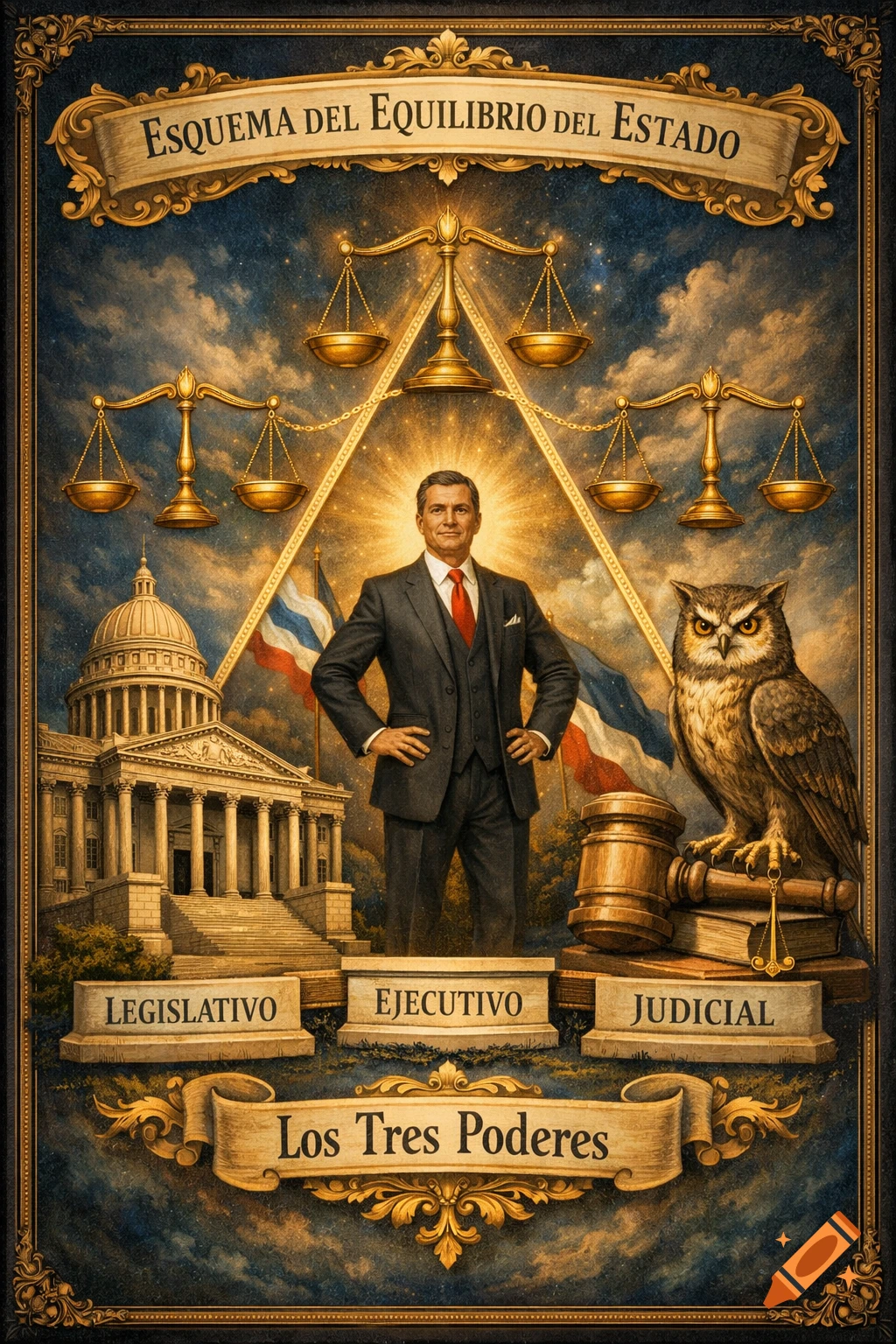 An allegorical painting depicting the balance of state power, with a man representing the executive, a capitol building for legislative, and an owl with gavel for judicial, all under scales of justice. Text reads 'Esquema del Equilibrio del Estado' and 'Los Tres Poderes'.