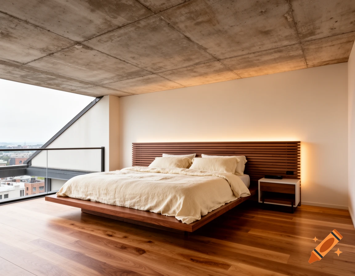 Modern bedroom with a low-profile wooden bed, cream linen bedding, concrete ceiling, hardwood floors, and a city view.