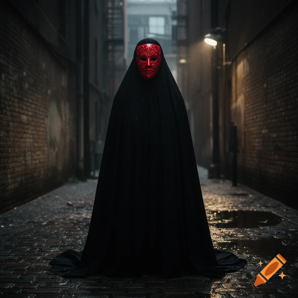 A mysterious figure in a black cloak and red, ornate mask stands in a dark, rainy alley, lit by a streetlamp.
