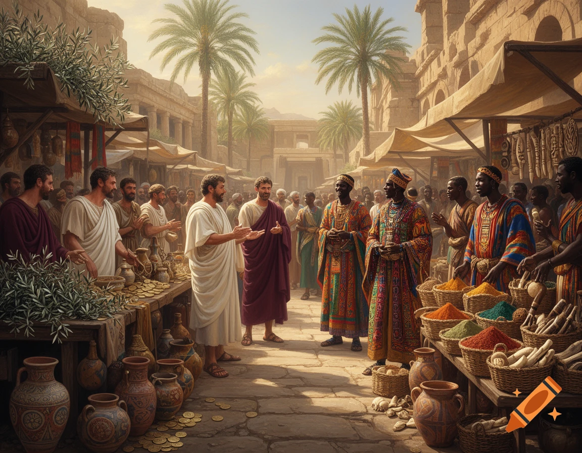 A bustling ancient market scene with people in Roman and African attire trading spices, pottery, and coins under palm trees and stone buildings.
