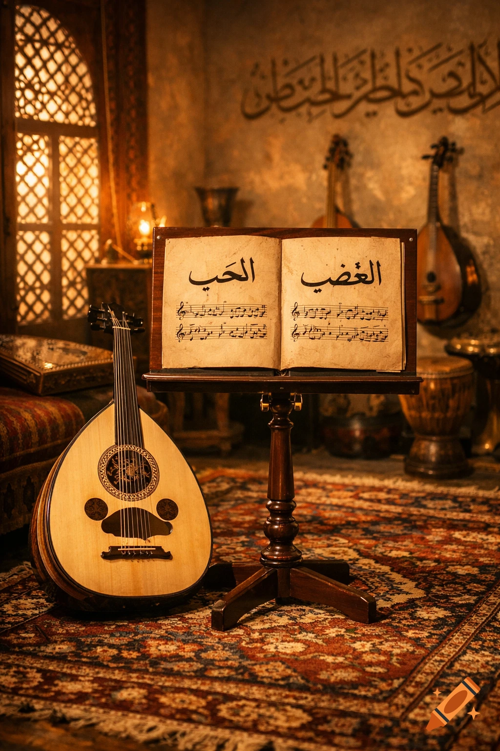 An oud rests by a music stand with an open book displaying Arabic words for love and anger and musical notes, in a traditionally decorated room.