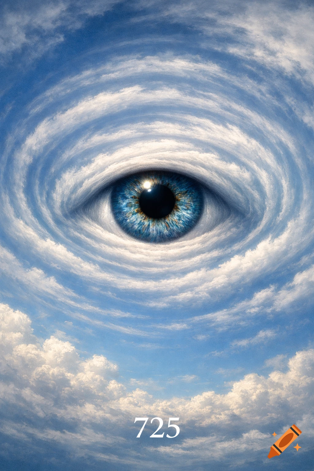 A large blue eye made of swirling white clouds in a blue sky, with the number 725 below it.
