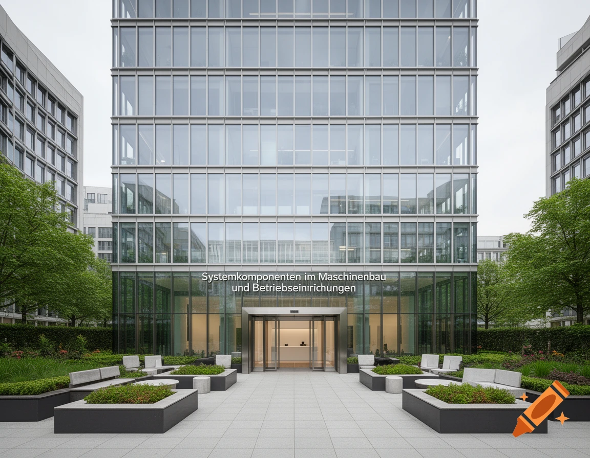 A modern glass office building with a central entrance, surrounded by symmetrical planters with green shrubs and white benches on a paved plaza.