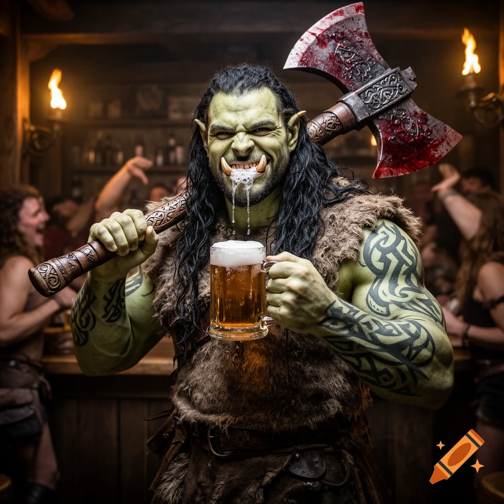 A green-skinned half-orc barbarian with long dark hair, tusks, and tribal tattoos holds a bloody axe and a frothy mug of beer in a dimly lit tavern, foam dripping from his mouth.