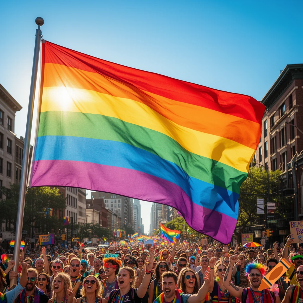 A large rainbow Pride flag waves over a cheering crowd at a sunny outdoor parade in a city street.
