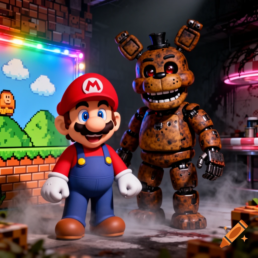 Mario and Freddy Fazbear stand together in a scene mixing pixel art landscapes and a dark, grimy room.