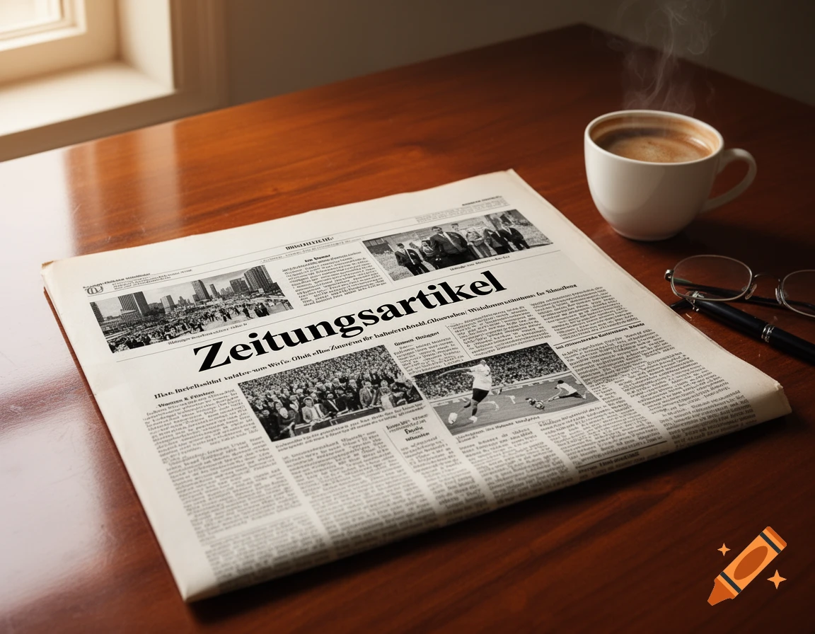 A newspaper titled "Zeitungsartikel" lies on a polished wooden desk next to a steaming cup of coffee and reading glasses, in a photorealistic style.