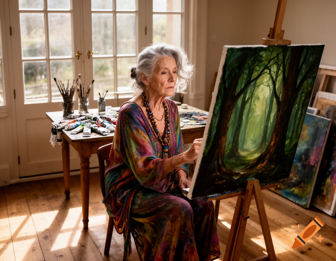 An elderly woman with gray hair, dressed in a colorful bohemian outfit, paints a vibrant forest scene on an easel in a sunlit art studio.