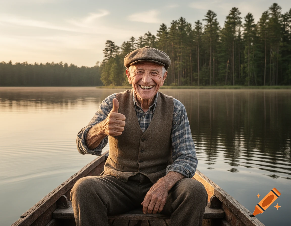 A smiling old man in a flat cap and vest gives a thumbs up from a rowboat on a calm lake at sunrise.