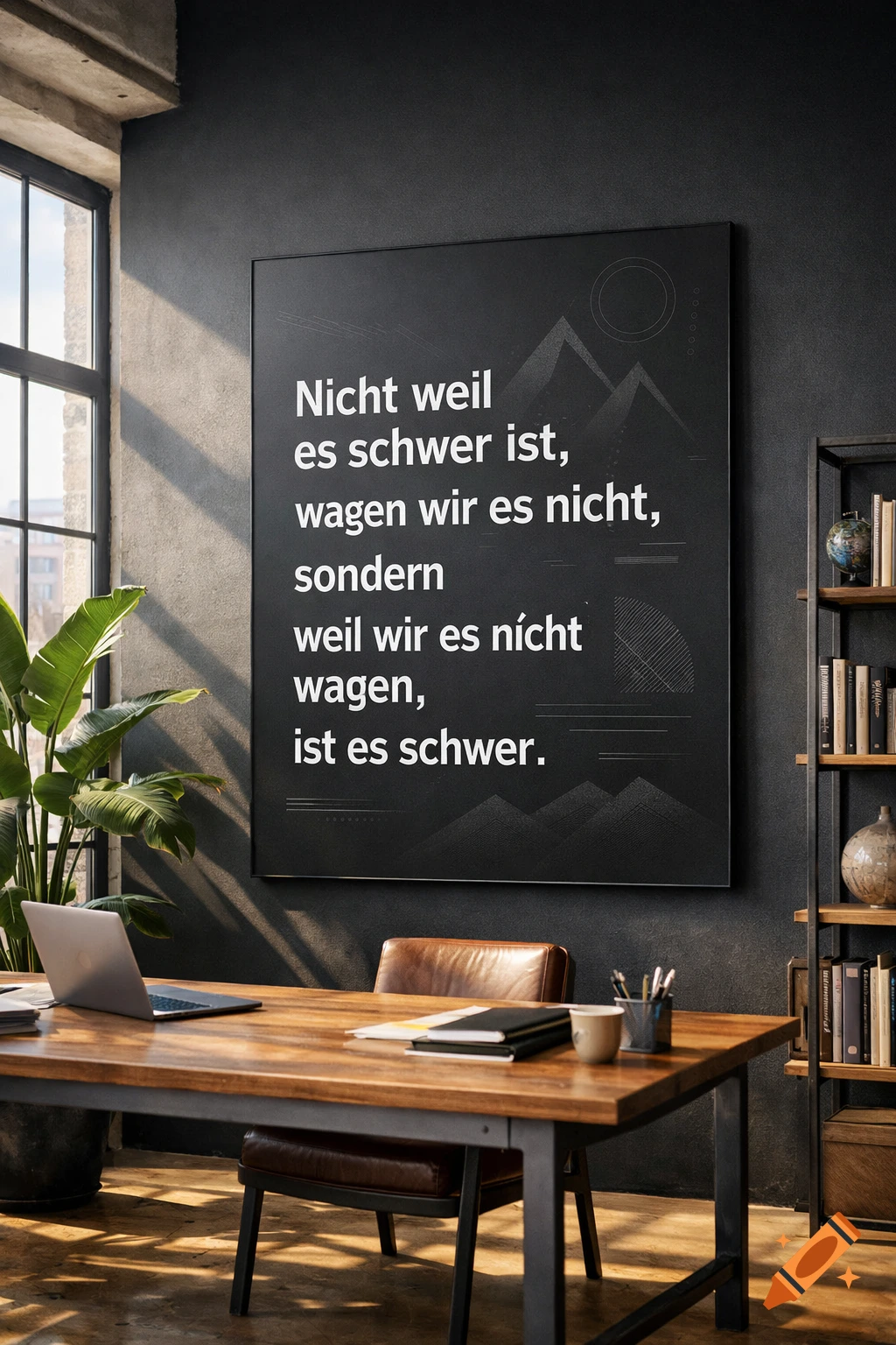 Photorealistic image of a modern office space with a large black poster featuring a German quote, a wooden desk, laptop, and plant.