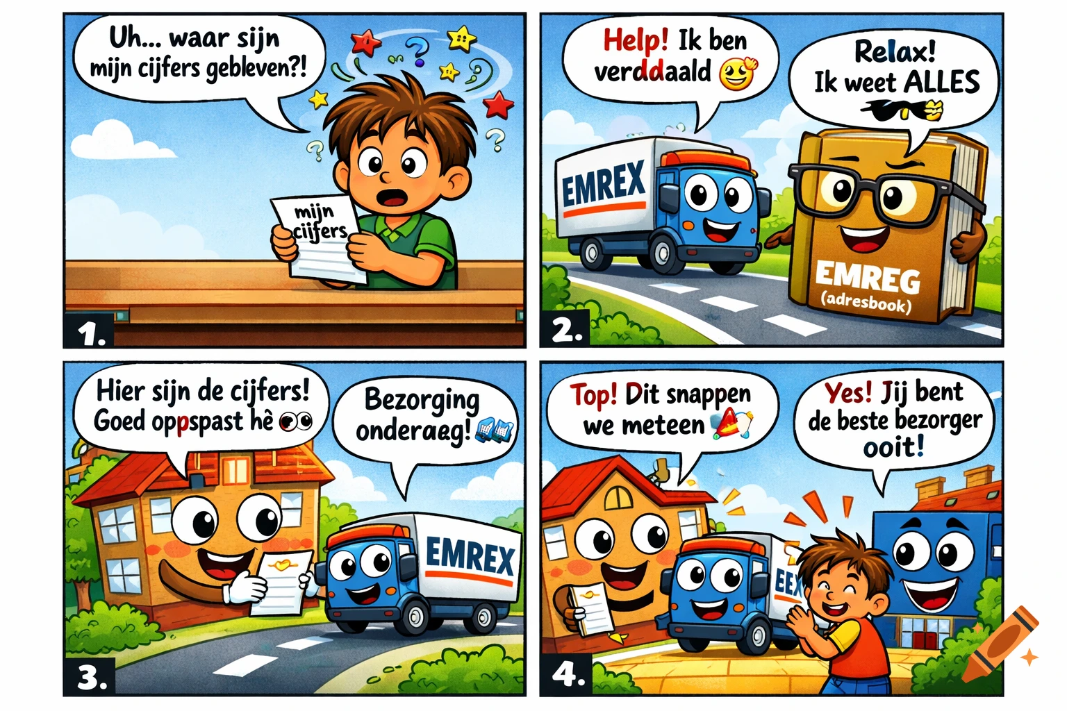A four-panel cartoon comic strip showing a boy losing his grades, an EMREX truck getting help from an EMREG book, the truck collecting grades from a school, and then delivering them to another school, making everyone happy.