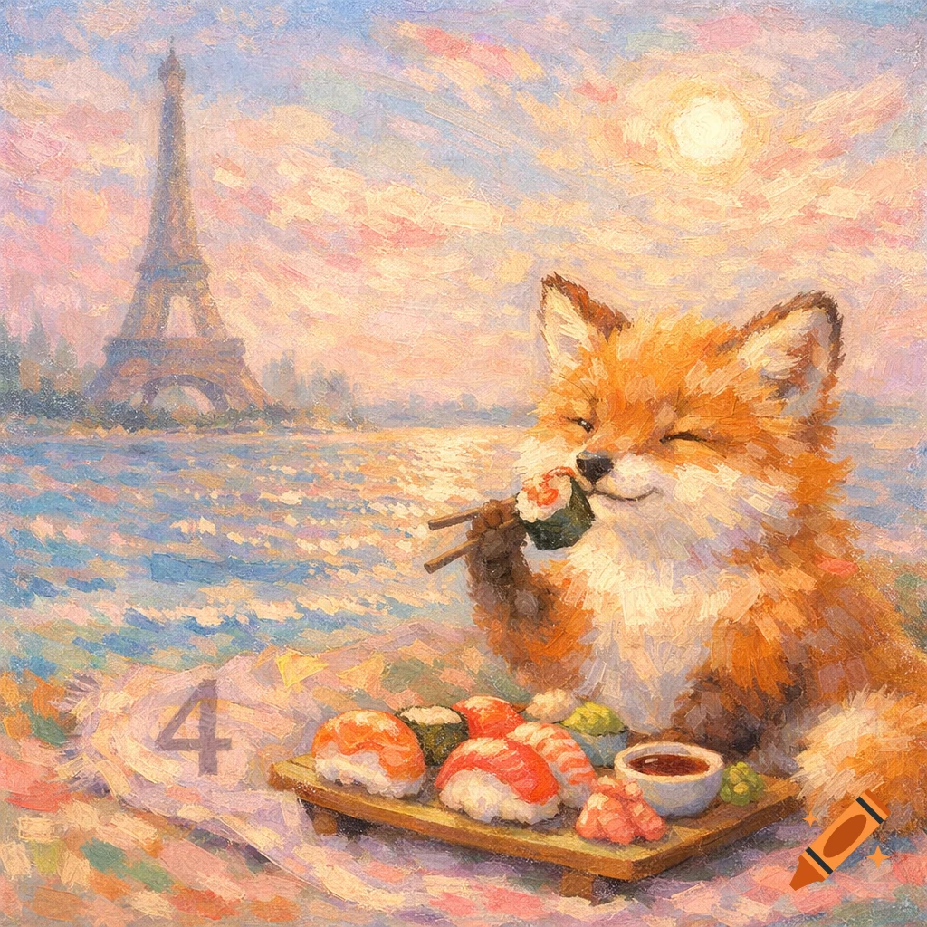 A Monet-style painting of a happy fox eating sushi on a beach, with the Eiffel Tower and a sunset in the background.