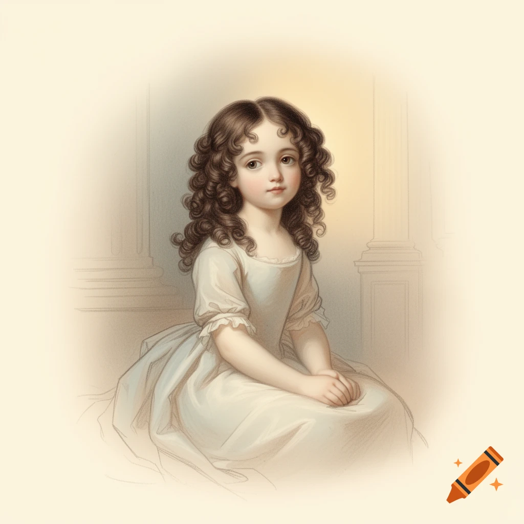Classical portrait drawing of a young girl with dark curly hair and a white dress.