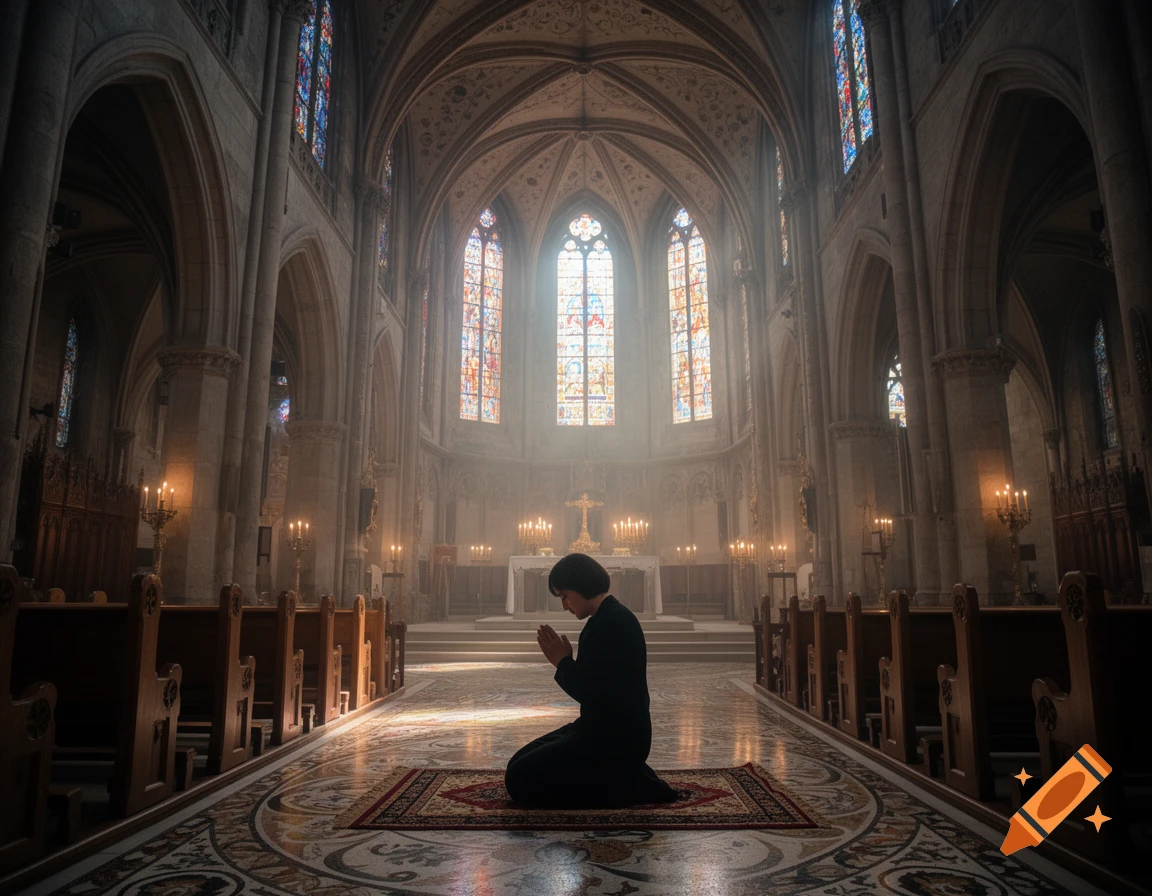 A person kneels in prayer on a rug in a grand, high-ceilinged church with stained glass windows and candles.