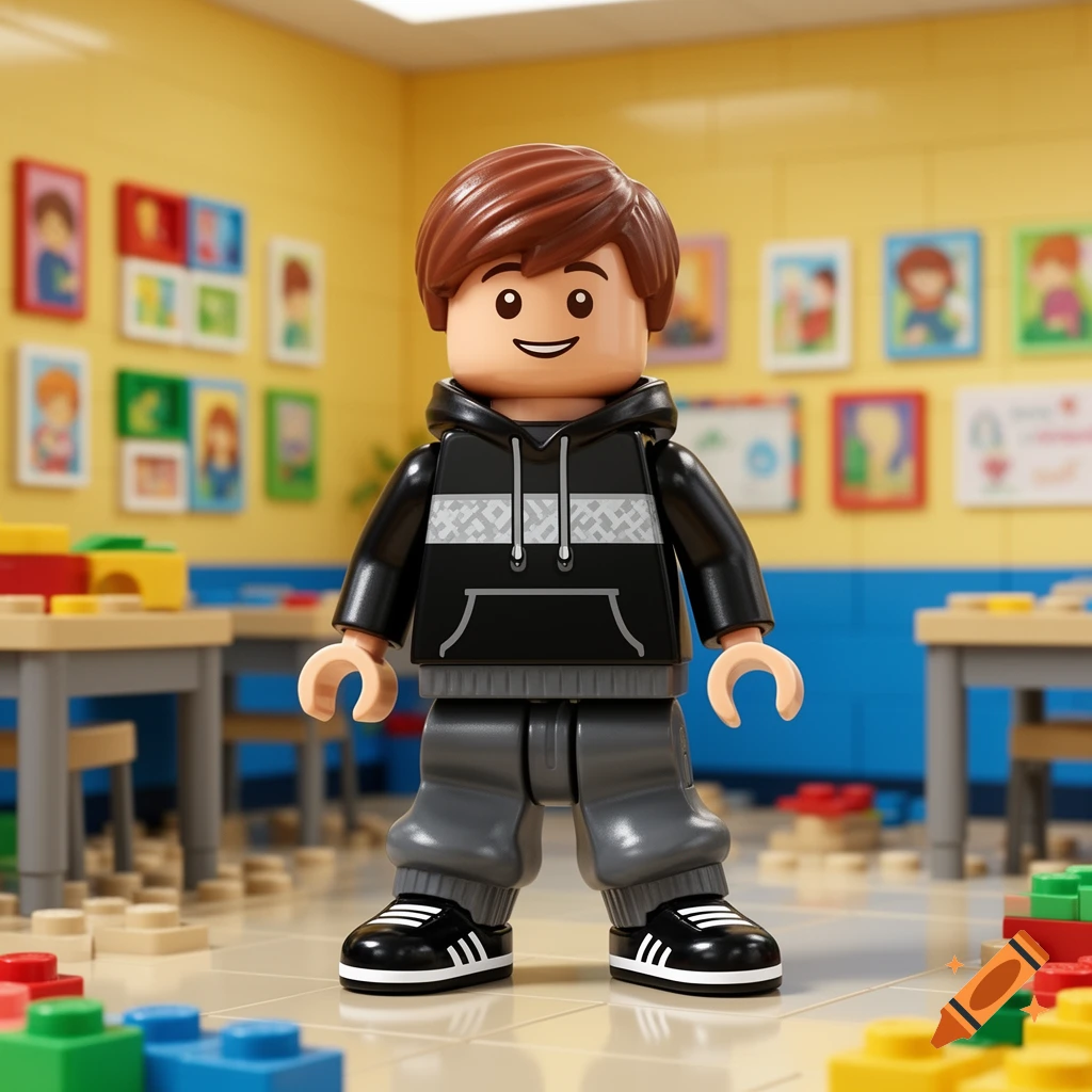 A LEGO minifigure with brown hair, black hoodie, gray joggers, and black sneakers stands in a colorful classroom with pictures on the wall.