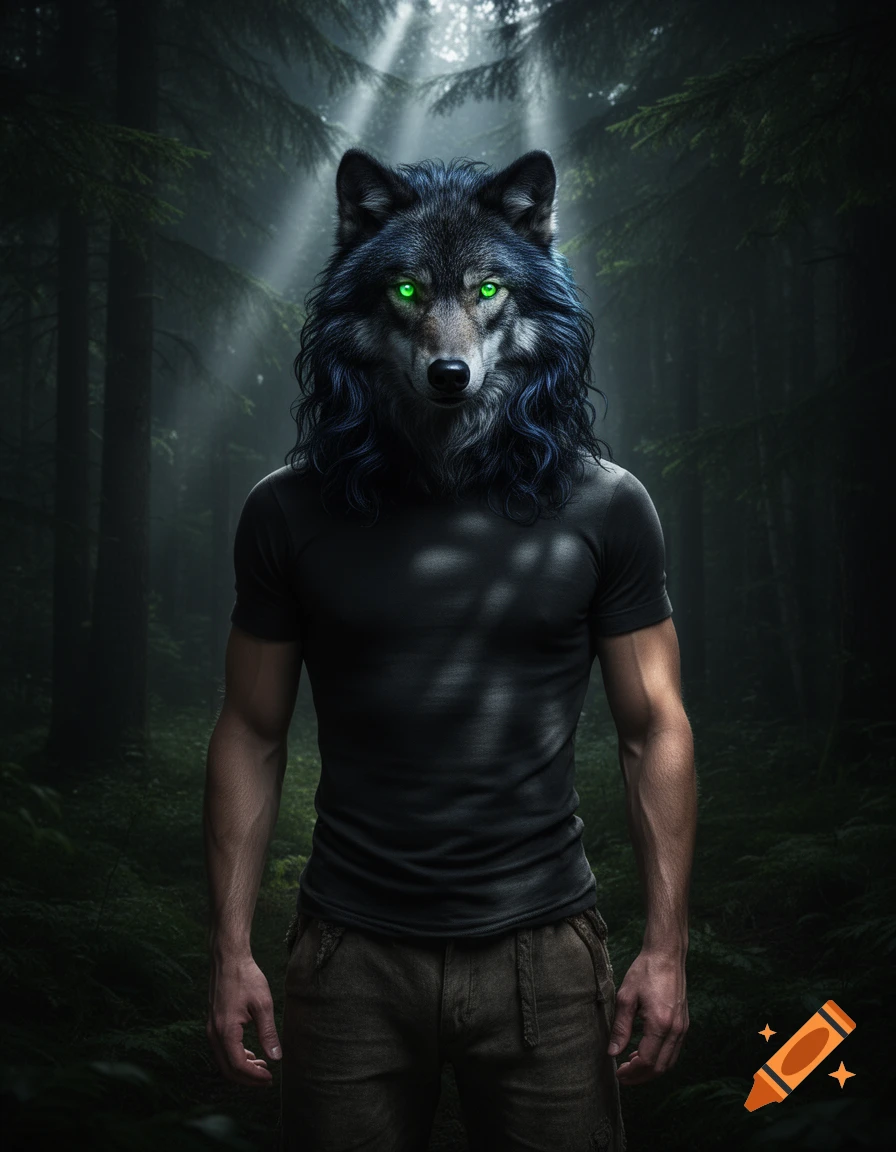 A muscular man with a wolf head, long dark hair, and glowing green eyes stands in a misty forest with sun rays.