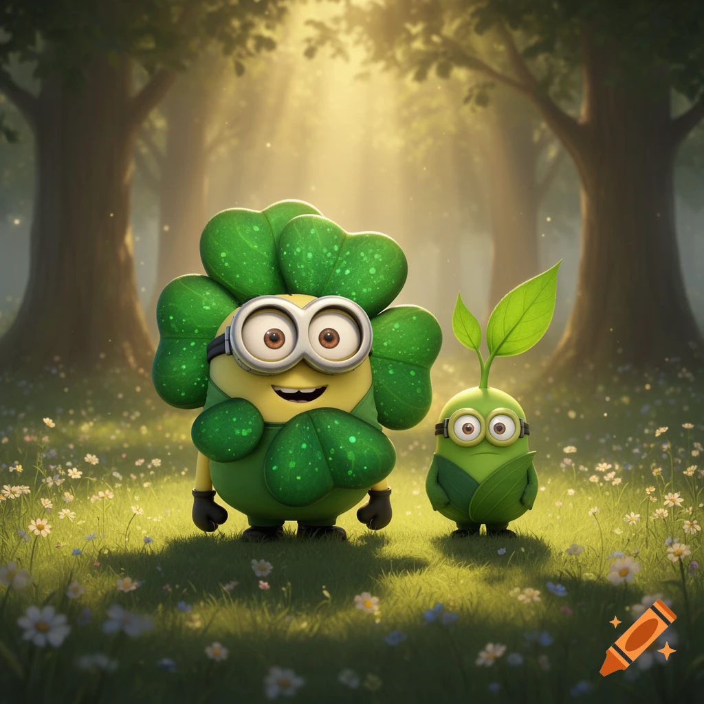 A smiling Minion as a shamrock stands next to a small, leafy Minion seedling in a sunny forest clearing with wildflowers, 3D animated.