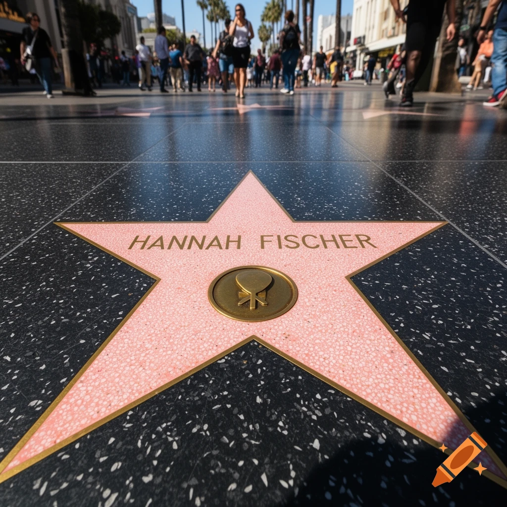 A pink Walk of Fame star with "HANNAH FISCHER" on a black sidewalk, with blurred people walking in the background.