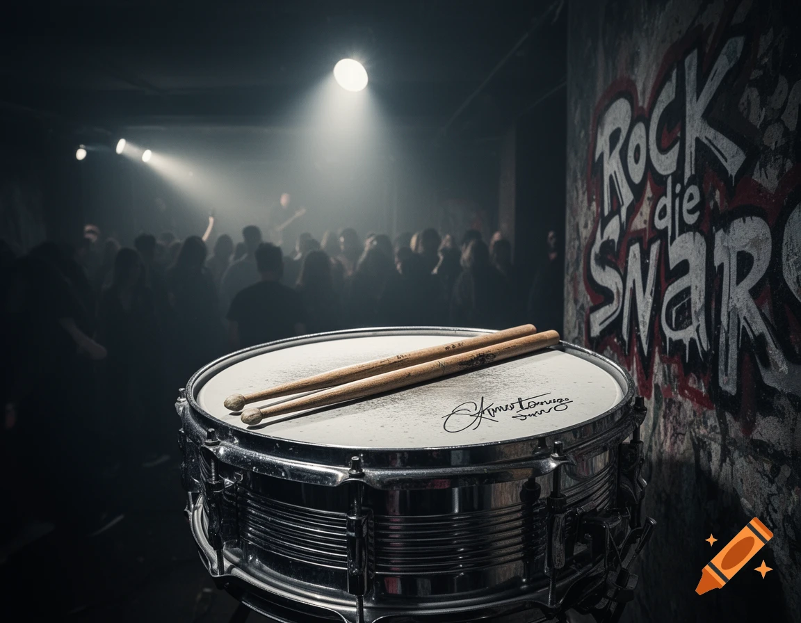 A close-up of a snare drum with drumsticks on a dark stage, spotlights illuminate a blurred crowd, with 'Rock die Snare' graffiti on a wall.