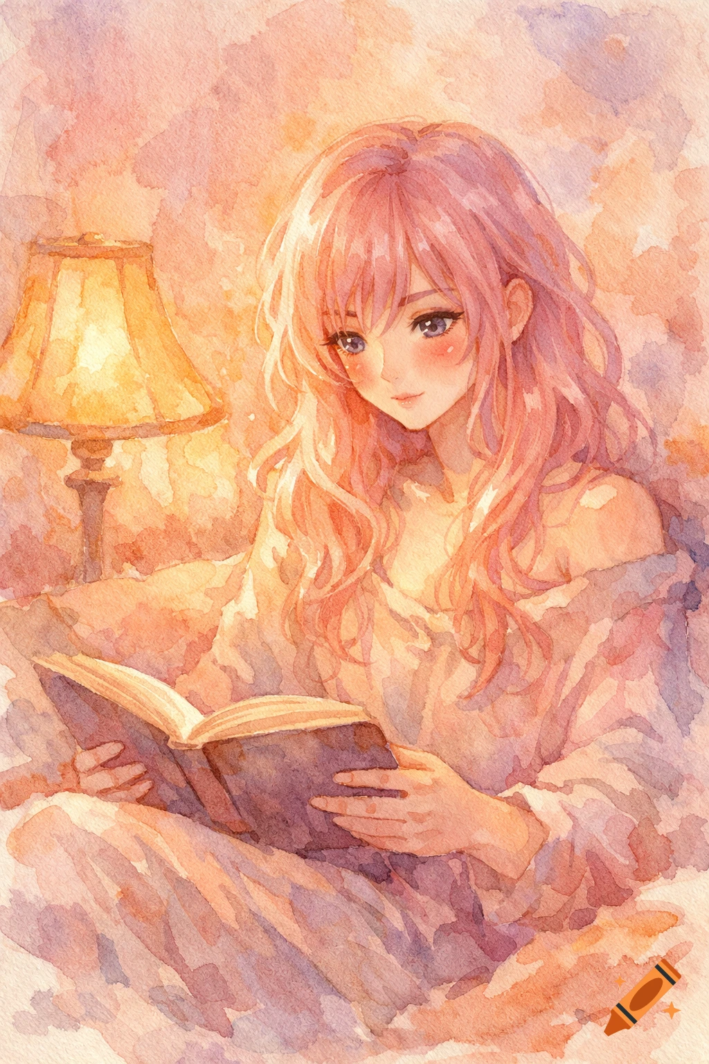An anime character with long pink hair and sparkling eyes reads a book under warm lamplight, in a soft watercolor style.