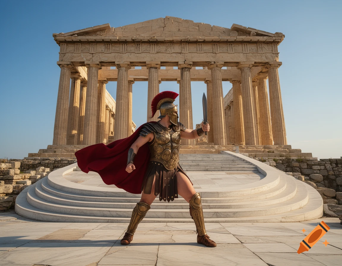 A person in detailed Spartan armor with a red cape, holding a sword, stands on marble stairs in front of the ancient Greek Parthenon.