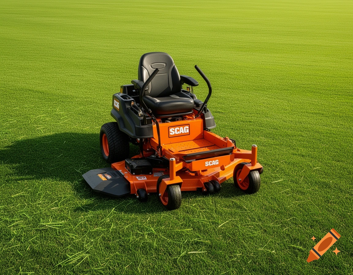 An orange Scag zero-turn lawn mower with a black seat sits on a perfectly manicured green lawn.