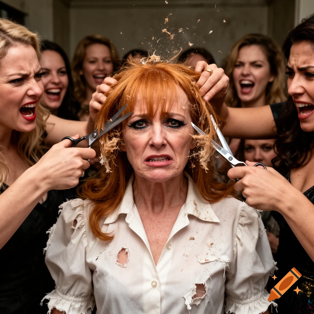 A distressed woman with red hair has clumps of her hair violently sheared off by two other screaming women holding scissors, while other women laugh in the background, in a photorealistic style.
