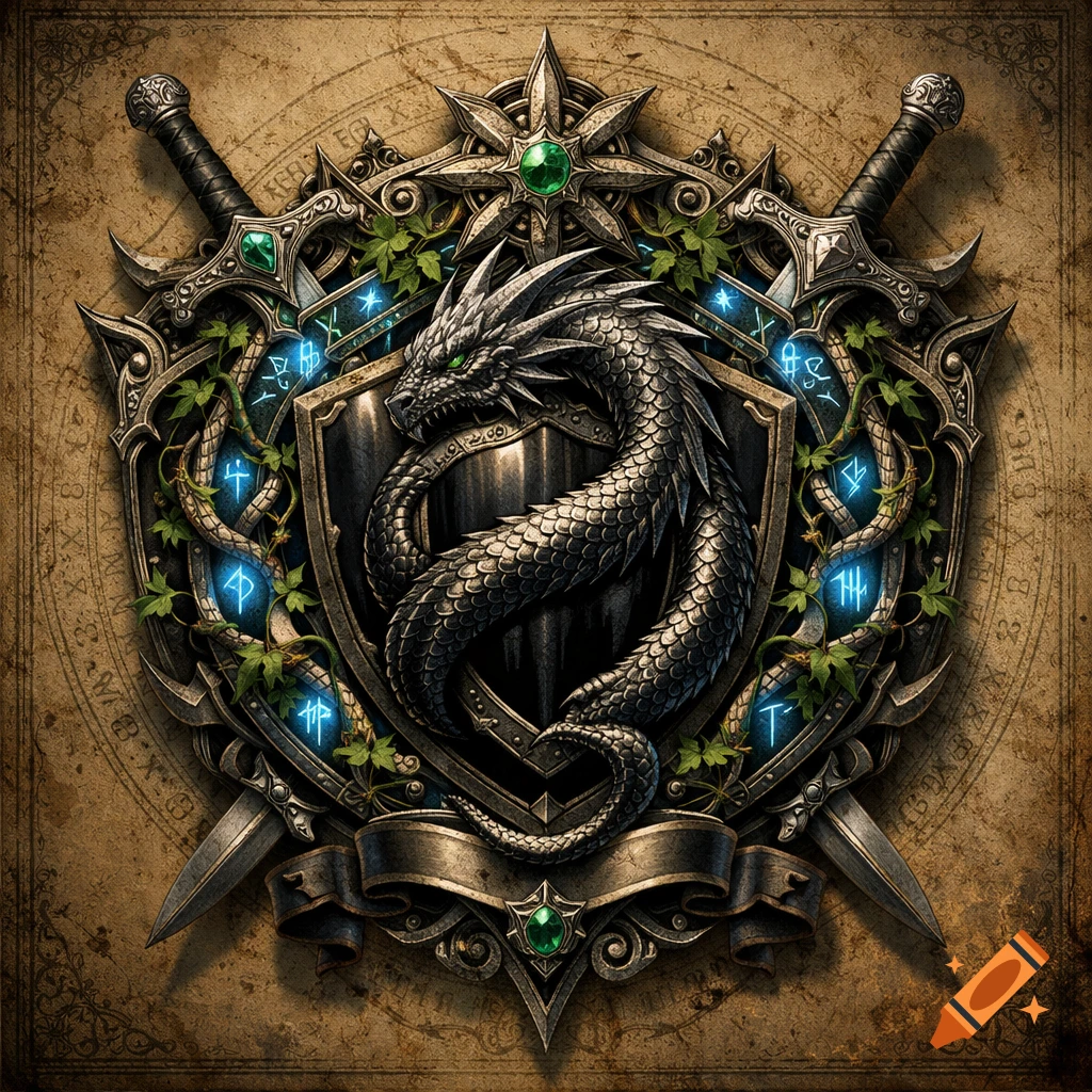A detailed fantasy guild crest featuring a coiled dragon on a shield, surrounded by swords, ivy, glowing runes, and gems, all on a parchment background.