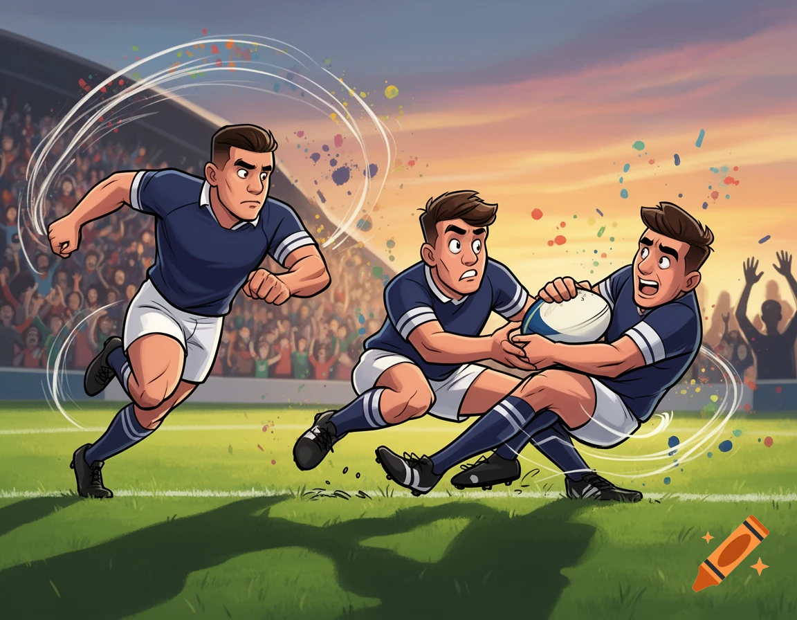 Three cartoon rugby players in blue and white uniforms tackling on a green field in a stadium, with a crowd and orange sky.