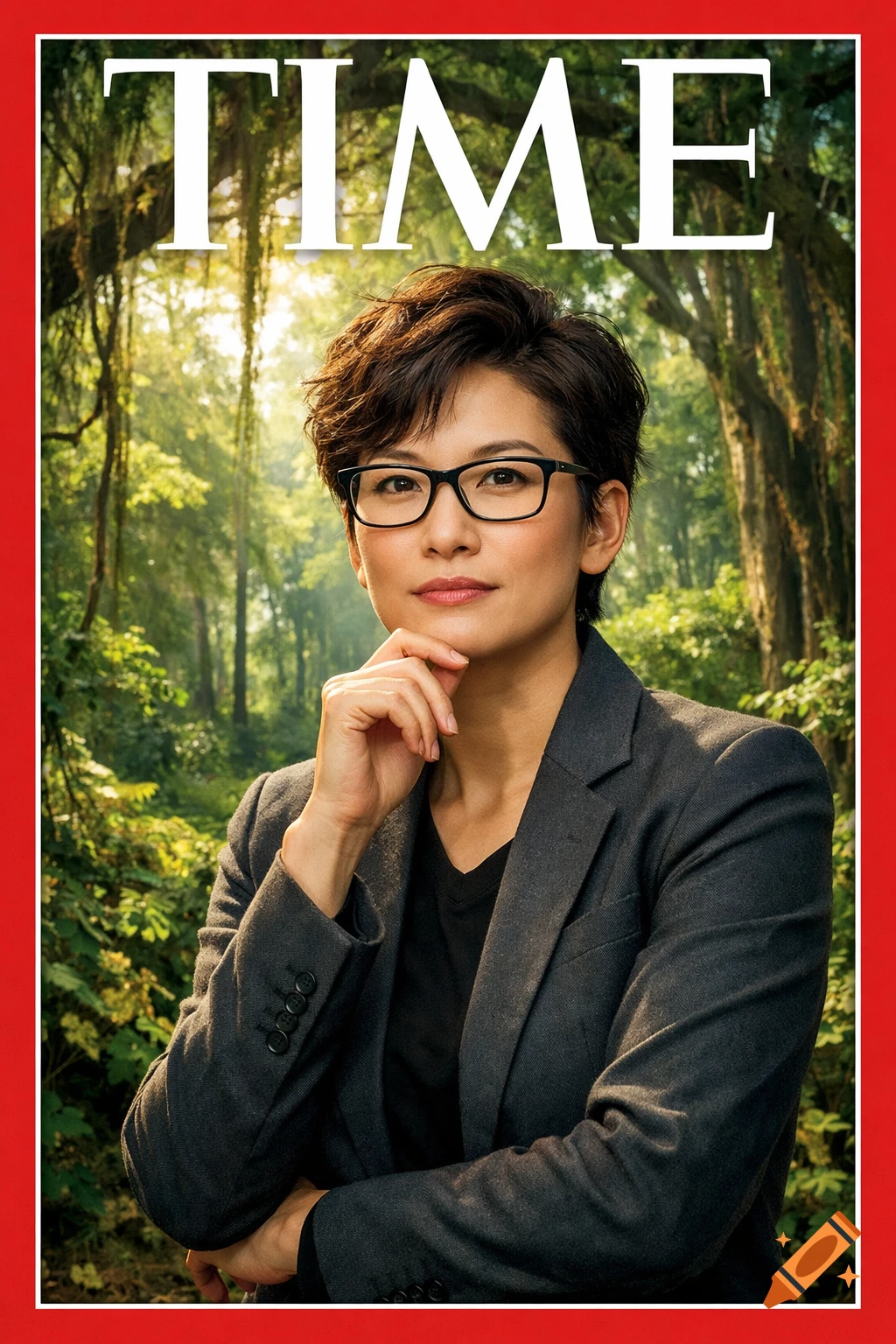 Photorealistic portrait of an East Asian woman in glasses, short hair, and a suit, on a TIME magazine cover, with a sunlit forest background.