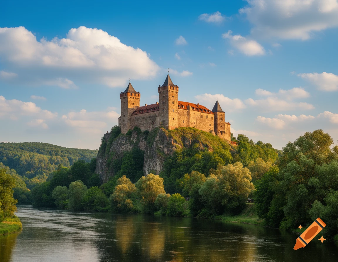 Photorealistic image of a stone castle with dark spires on a rocky, tree-covered hill, overlooking a wide river under a blue sky.