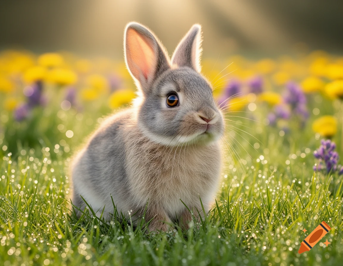 A photorealistic image of a cute baby bunny sitting in a dewy grassy field with yellow and purple flowers, bathed in sunlight.