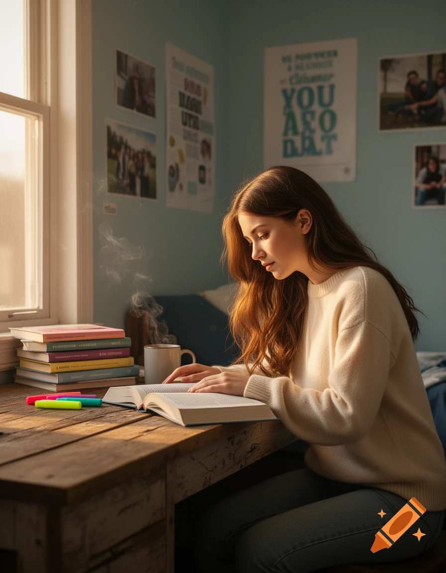 Young woman with long brown hair studying at a wooden desk by a window, surrounded by books and posters, in a photorealistic style.