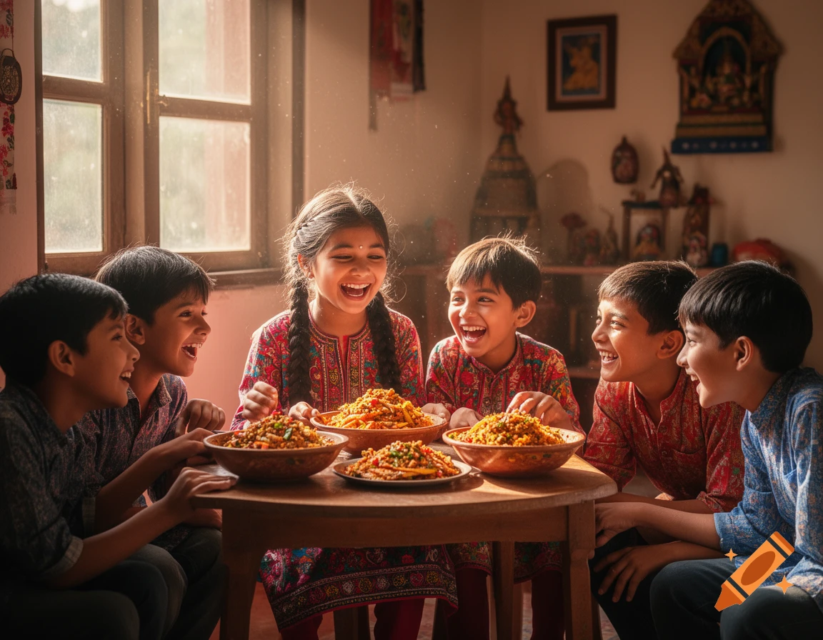 Six Nepali children laugh while sharing bowls of chatpate around a sunlit wooden table in a home, photorealistic.