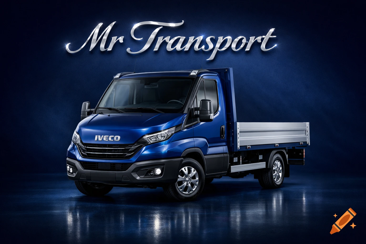 Photorealistic blue Iveco flatbed truck with 'Mr Transport' in shiny silver 3D text on a dark blue background.