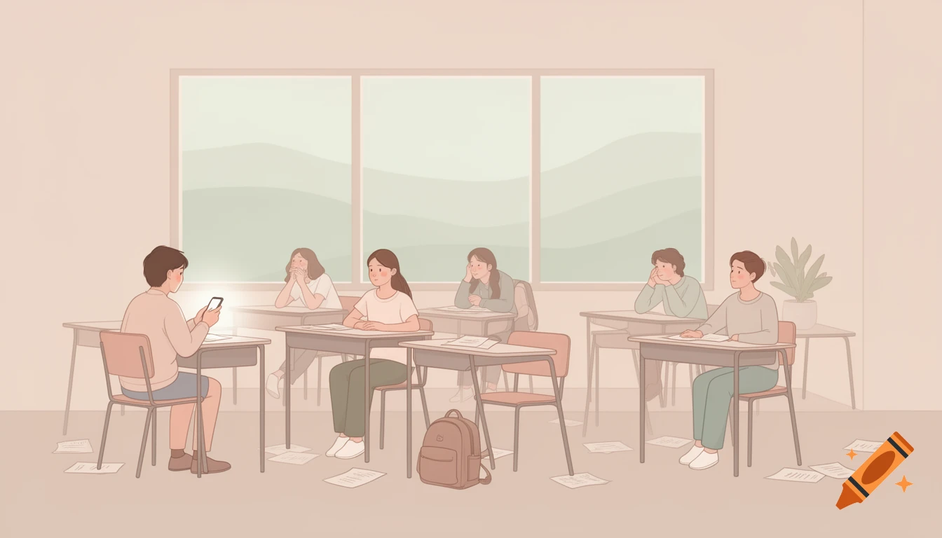 Minimalist illustration of a messy classroom with several students, one distracted by a phone, others looking out the window.