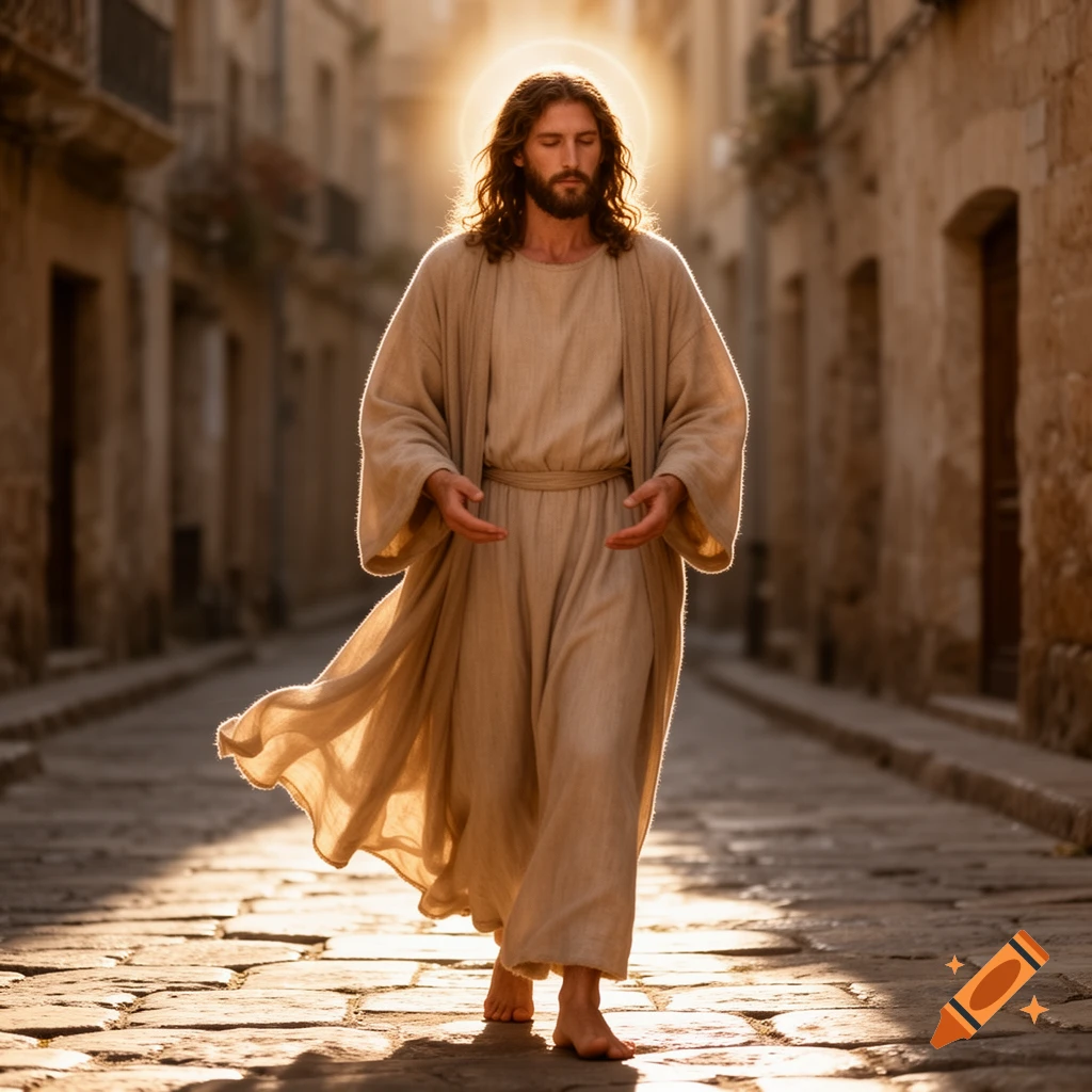 Jesus Christ walks barefoot down a sunlit, ancient stone street, a golden halo around his head, in a photorealistic style.