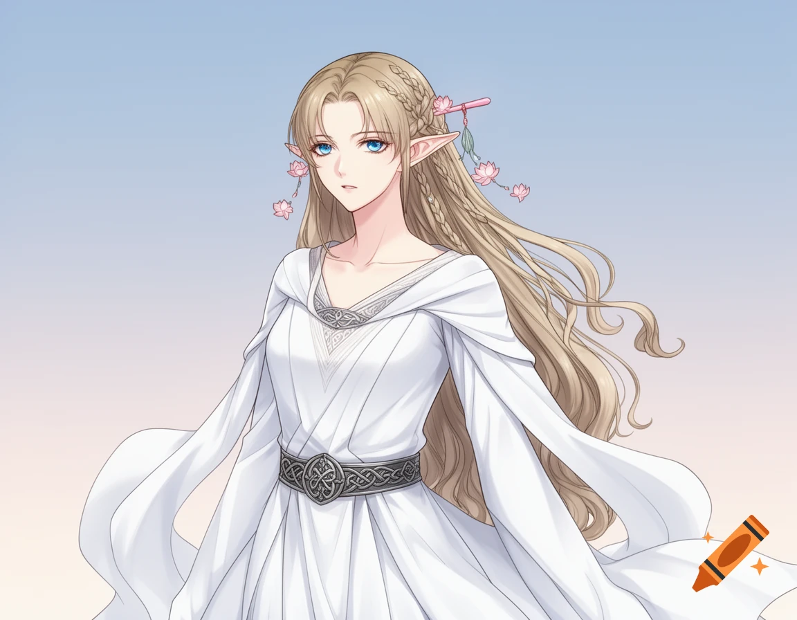 An anime-style elf woman with long blonde hair, blue eyes, and pointed ears, wearing a white flowy dress and pink lotus hairpins.