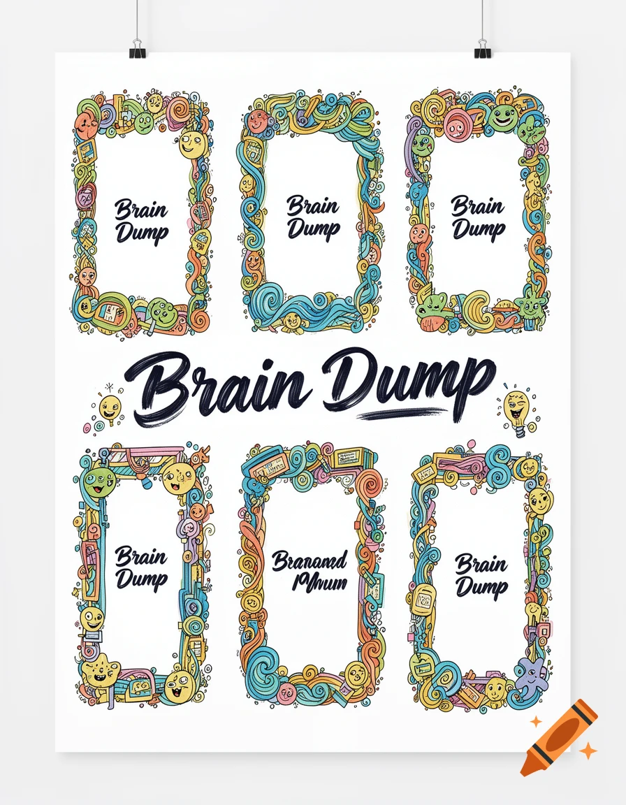 A white poster featuring six rectangular doodle frames filled with colorful whimsical elements and faces, most containing 'Brain Dump' text.