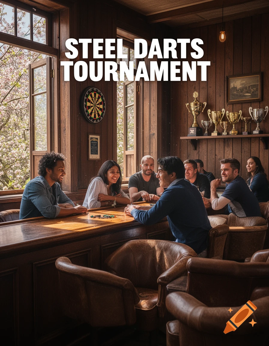 A group of people socializing around a wooden bar in a cozy, wood-paneled pub, with 'STEEL DARTS TOURNAMENT' text above and a darts board on the wall. Photorealistic style.