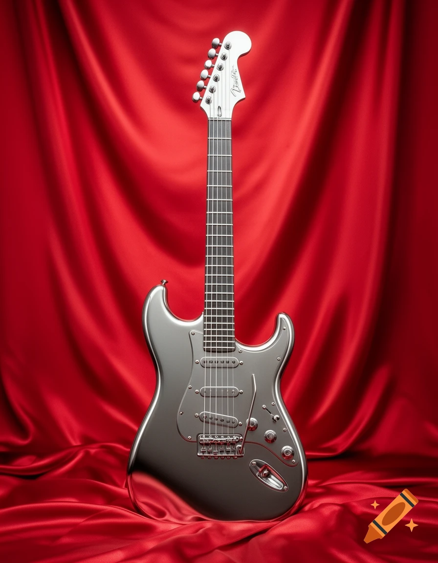 A polished silver steel Fender Stratocaster electric guitar stands vertically against a rich red silk backdrop.